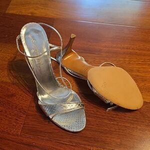 Gunmetal Silver Snakeskin Strappy High Heel Sandals